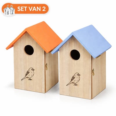 Vogelhuisje Set van 2 – Houten Nestkastje – Oranje & Blauw Dak – 11 x 13 x 19 cm – Voor Tuin, Balkon & Terras