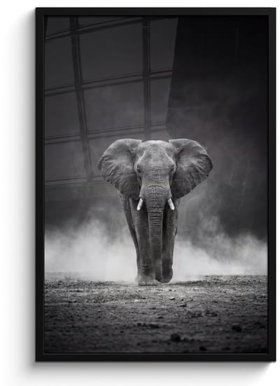 Poster in lijst - Fotolijst 60x90 cm - Posters - Olifant - Zwart - Wit - Rook - Posterlijst zwart - Decoratie - Wanddecoratie woonkamer - Muurdecoratie slaapkamer