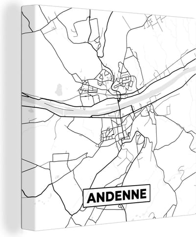 Canvas Schilderij Zwart Wit – België – Plattegrond – Stadskaart – Kaart – Andenne - 20x20 cm - Wanddecoratie