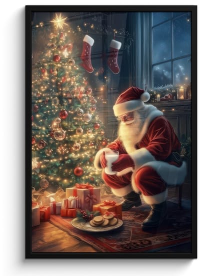 Poster in lijst - Fotolijst 60x90 cm - Posters - Kerstman - Haard - Donker - Posterlijst zwart - Decoratie - Wanddecoratie woonkamer - Muurdecoratie slaapkamer - Kerstversiering - Kerstdecoratie voor binnen - Kerstmis