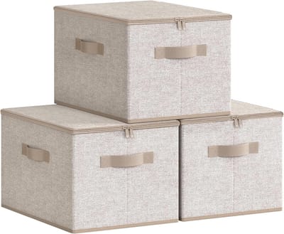 Famanu - Opbergdoos met deksel, set van 3, opvouwbare stoffen doos met handgrepen, opbergruimte voor kleding, 40 x 30 x 25 cm, vliesstof, zandbeige