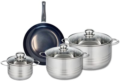 Set van 1 Koekenpan 24 cm en 3 kookpotten 14, 20 en 24 cm Elo Prima Glanzend