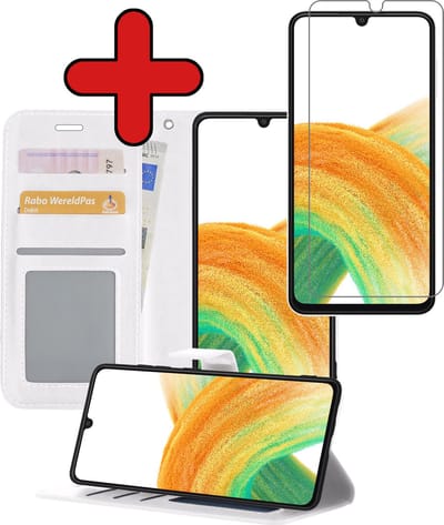 Hoesje - Met Screenprotector - Geschikt voor Samsung Galaxy A33 - Luxe Pasjeshouder - Flipcase - Bookcase Portemonee - Flip Case - Kunstleer Book Case - Book Cover - Walletcase - Portemonneehoes - Telefoonhoes - Wit