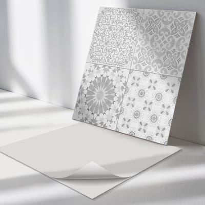 Wallfluent Vinyl Tegels - Geometrische en Bloemmotieven Zelfklevende Vinyltegels - 30 cm x 30 cm - Grijs Vinyl Tegels - 9 stuks - Vierkant PVC Tegels - Patroon Plaktegels - Vloer Tegels PVC - Plaktegels Keuken en Badkamer
