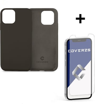 Coverzs Luxe Liquid Silicone case geschikt voor Apple iPhone 12 / 12 Pro - beschermhoes - siliconen backcover - optimale bescherming - donkergrijs + glazen Screen Protector