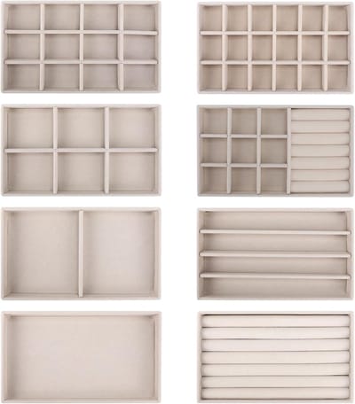 8 stuks sieradenorganizers van fluweel met laden, stapelbare uitneembare plankjes voor oorbellen, ringen, armbanden en halskettingen - beige