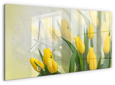 Tulup Wandklok - Tulpen Wandklok Glas Decoratie - 60x30 cm - Geel Gekleurde Glazen Klok - Witte Handen - Rechthoekige Wandklok - Moderne Wandklok Glas - Wandklok Glas Decoratie