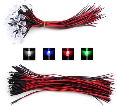 Dailygoods- LED Diodes 50 Stuks - 3/5/10mm - Wit/Rood/Blauw/Groen - Voorbedraad - 9-12V DC - Laag Stroomverbruik - LED Lampjes