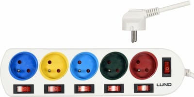 LUND 72460 - Verlengsnoer - 5 Gaten - Uitschakelaars - Wit