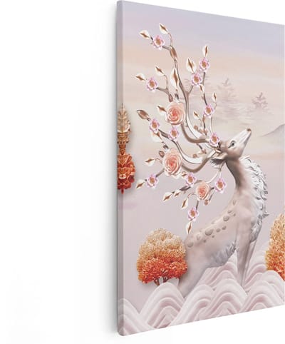 Artaza Canvas Schilderij Hert - 80x120 cm - Groot - Wanddecoratie Bloemen - Muurdecoratie Gewei - Decoratie Herfstbomen
