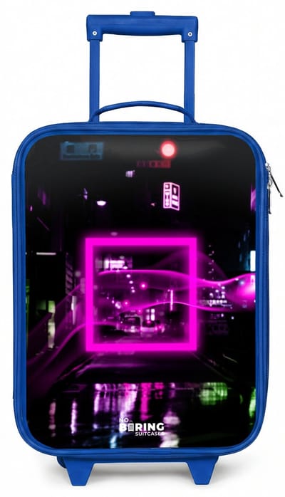 NoBoringSuitcases.com® - Kinderkoffer blauw - Kindertrolley jongen - Felroze vierkant boven een natte straat - Koffer kind lichtgewicht - Reiskoffer trolley voor kinderen - Koffertje met lichtgevende wieltjes - Rolkoffer
