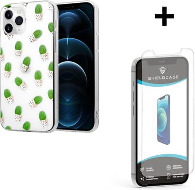 ShieldCase telefoonhoesje geschikt voor Apple iPhone 12 / 12 Pro - 6.1 inch hoesje met cactuspatroon - silicone hoesje met patroon - transparant + glazen Screen Protector