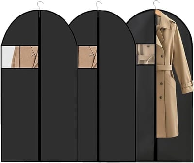 Kledingzak voor het opbergen van jurken, jassen en overhemden, 60 x 140 cm, ademend materiaal met doorzichtige venster en zwarte rits