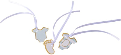 ARTYFETES - 10 "Kleine Schat" etiketten met blauwe strepen en goudfolie 3 x 1,7 cm voor babyborrel