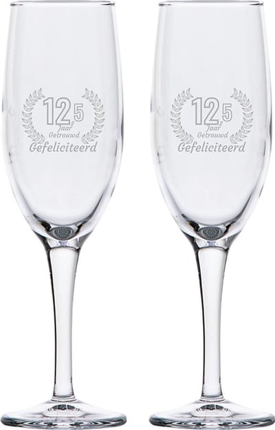 Gegraveerde set champagneglazen 16,5cl Gefeliciteerd 12,5 jaar getrouwd