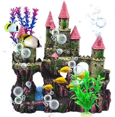 Aquariumkasteeldecoraties, harskasteel voor aquarium met willekeurig gekleurde planten, decoratie-accessoires voor zoetwater- en zoutwateraquaria, roze