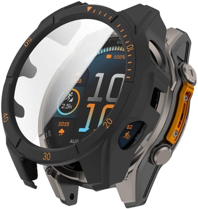 Screenprotector case - geschikt voor Garmin Tactix 8 AMOLED 47mm - full cover hoesje - gehard glas - 47 mm - volledige bescherming - zwart oranje