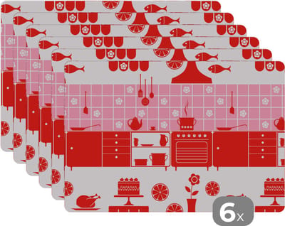 Placemat - Placemats kunststof - Patronen - Pannen - Design - Huis - Roze - 45x30 cm - 6 stuks - Hittebestendig - Anti-Slip - Onderlegger - Afneembaar