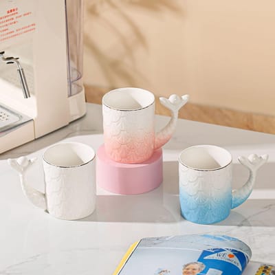 Creatieve Mok met Reliëf van Zeemeerminschubben Hoge Precisie Enkele Kop met Handvat Waterbeker Verloopbeker Kantoorbeker Souvenir Cadeau 380ML beige