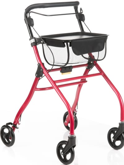 Binnen rollator Plaza Indoor - Inclusief dienblad en opbergnetje - Eenhandig bediening - Betrouwbare remmen - Korte draaicirkel - Opvouwbaar - Compact - Rood