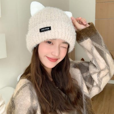 Koreaanse Versie van Herfst en Winter Nieuwe Hoed voor Vrouwen Schattige Kat Gebreide Wol Hoed voor Winter Warme Pullover Hoed Koude Oorbescherming Hoed One Size