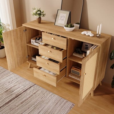 DESMIU Dressoir - Met 4 Laden En 2 Deuren Met Verstelbare Planken - Voor Woonkamer Hal En Eetkamer - Hout - 140x40x86 Cm - Licht Eiken
