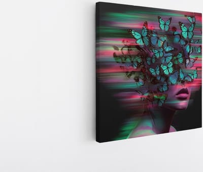 Saammp Canvas Schilderij - Abstract - Vrouw - Gezicht van vlinders - 20x20 - Foto op canvas - Wanddecoratie - Muurdecoratie Woonkamer - Slaapkamer decoratie - Canvas Print
