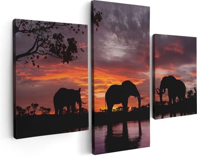 Artaza Canvas Schilderij Drieluik Olifanten Tijdens Zonsondergang - Silhouet - 90x60 - Foto Op Canvas - Canvas Print