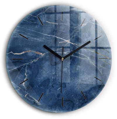 Wallfluent Wandklok - Blauwe marmertextuur Klok als Muurdecoratie - 60 cm x 60 cm - Blauw Wandklok - Zwarte Handen - Wandklok Zonder Cijfers - Wandklok voor in de Keuken - Ronde Glas Klok - Minimalistisch Wandklok - Decoratieve Wandklok