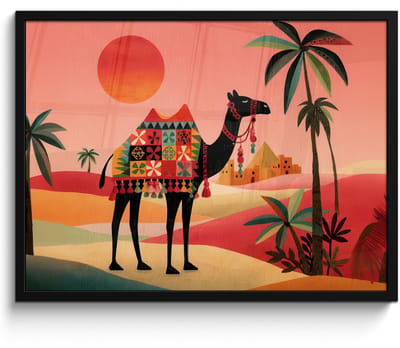 Poster in lijst - Fotolijst 80x60 cm - Posters - Kameel - Gekleurd tapijt - Duinen - Rode zon - Posterlijst zwart - Decoratie - Wanddecoratie woonkamer - Muurdecoratie slaapkamer