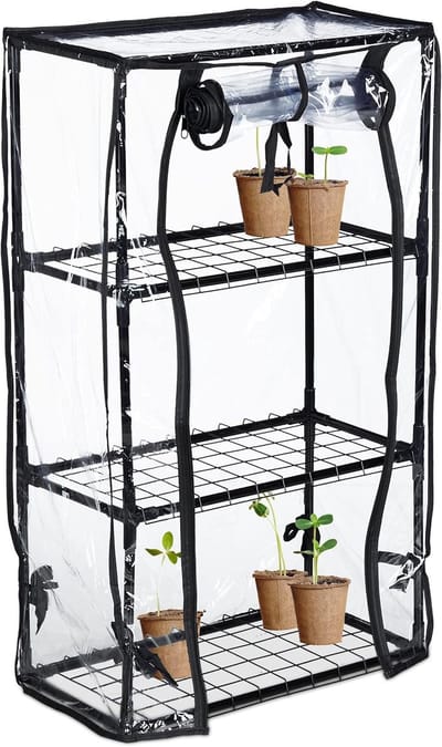 Famanu - Kweekkas balkon, pvc-folie, staal, HxBxD: 80 x 48 x 24,5 cm, foliekas 3 etages, tomatenkas, zwart/transparant