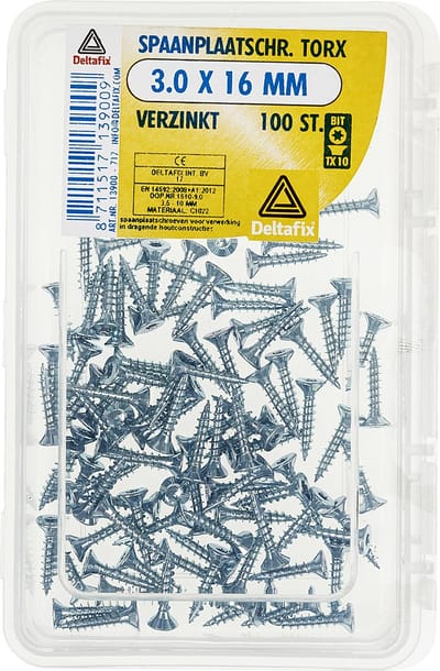 Deltafix spaanplaatschroef platkop / torx / met nibs / type 17 snijpunt verzinkt 3.0 x 16 mm 100 st.