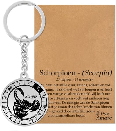 Sterrenbeeld Schorpioen (Scorpio) Sleutelhanger op Cadeau Kaartje – Spiritueel Cadeau van Roestvrij Staal – Zilverkleurig – Pax Amare