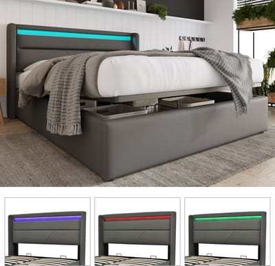 Wishdor Opbergbed 140x200 cm – Hydraulische Lift – LED in Hoofdbord – Inclusief Matras – PU – Grijs