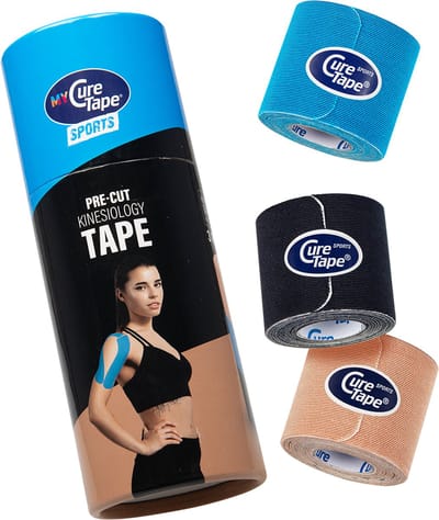 My CureTape® Sports PRECUT - kinesiotape- koker met 3 x 12 stroken van 25 cm op rol - Blauw, zwart en beige - Kinesiotape - FysioTape. Extra kleefkracht +25%