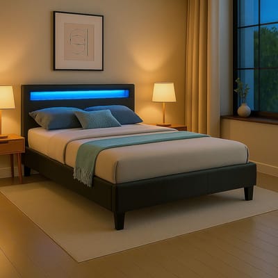 Gestoffeerd bed MIRASOL 120x200 cm met led-verlichting, kunstleer - zwart