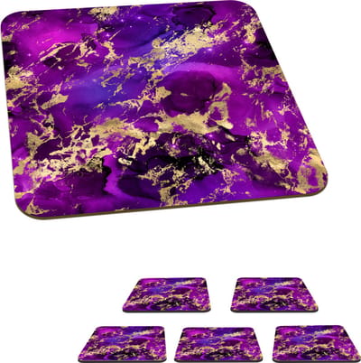Onderzetters voor glazen - Marmer - Goud - Paars - Patroon - 10x10 cm - Glasonderzetters - 6 stuks