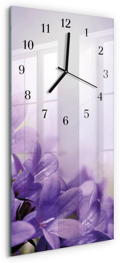 Tulup Wandklok - Bloem Decoratieve Glazen Klok - 30x60 cm - Paars Glazen Wandklok Design - Zwarte Handen - Rechthoekige Wandklok - Decoratieve Glazen Klok - Glazen Wandklok Design