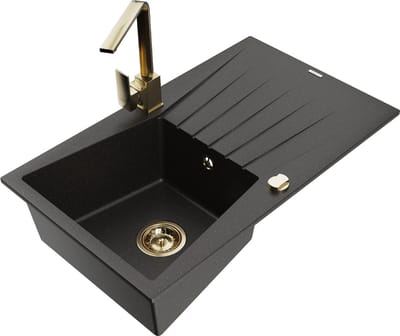 Mexen Cesar granieten spoelbak 1-kamer met afdruiprek en keukenmengkraan Rita, zwart/goud metallic - 6514-75-670300-50