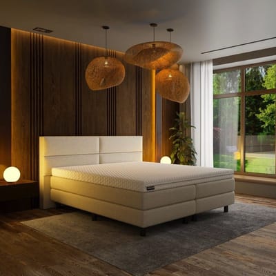 Mörgenn Luxe Boxspring Billy - Pocketvering - Luxe 4 vaks hoofdbord - Geen voetbord + Luxe Suprême topper - Inclusief Dekbed en Kussens - Beige - 140x210 cm