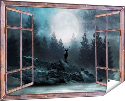 Gards Tuinposter Doorkijk Hert op een Rots tijdens Volle Maan - 150x100 cm - Tuindoek - Tuindecoratie - Wanddecoratie buiten - Tuinschilderij