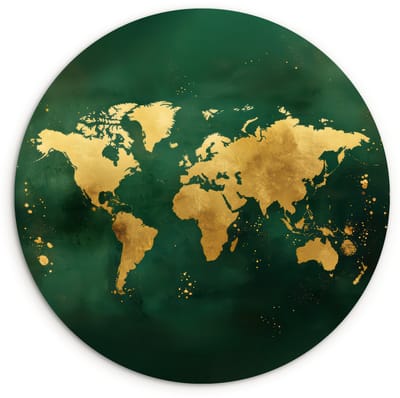 WallCircle® Wandcirkel 90x90 cm - Muurcirkel Wereldkaart - Groen - Goud - Muurdecoratie woonkamer - Wanddecoratie slaapkamer - Kamer decoratie accessoires - Ronde schilderijen