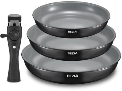 Archi pannenset – Afneembaar handvat – Koekenpan - Keramische antiaanbaklaag – Geschikt voor alle kookplaten – 20+24+28 cm - Zwart