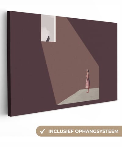 Canvas - Abstract - Meisje - Licht - Raam - Vogel - Abstracte - 30x20 cm - Schilderij - Canvas schilderij