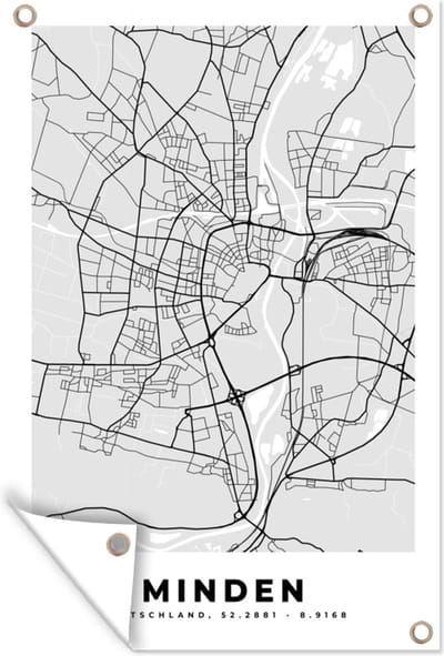 Muurdecoratie Duitsland - Plattegrond - Minden - Kaart - Stadskaart - 120x180 cm - Tuinposter - Tuindoek