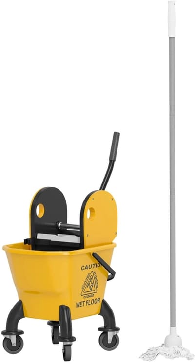 Rolbare Schoonmaakkar - Schoonmaakwagen - 26L Dweilwagen - Mobiele Dweil Emmer - Schoonmaakemmer - met 4 Wielen - met Wringer, Dweil en Steel - Geel
