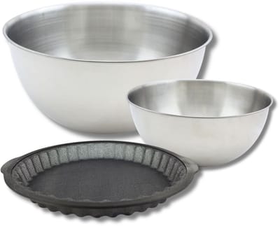 Set met 1 taartvorm van siliconen met glasvezel, 1 spatel Zenker en 2 mengkommen van roestvrij staal Fackelmann