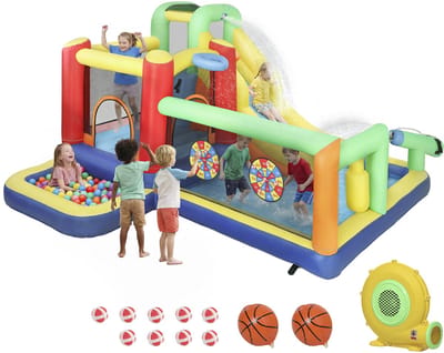 Opblaasbaar springkasteel 9-in-1 met blower, glijbaan, kinderbadje en waterpistool voor kinderen van 3-8 jaar, 330x290x185 cm, meerkleurig