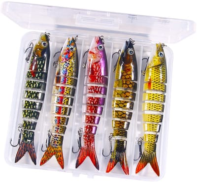 Kunstaas set met opbergdoos - Meergewrichtig snoekaas - Multi Jointed Swimbait - Pluggen met haak - Kunstaas - Jerkbaits - Crankbaits - Rubberen vis - Visaas - Zacht Kunstaas - Alle type roofvis - Visaas Zeevissen Set - 5 Stuks 13.4CM - Set C