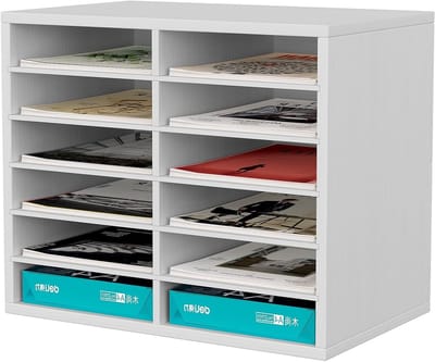 Houten Bureau Organiser met 6 Lagen en 12 Compartimenten voor A4 Documenten, Post Sorter en Tijdschrift Houder - Wit